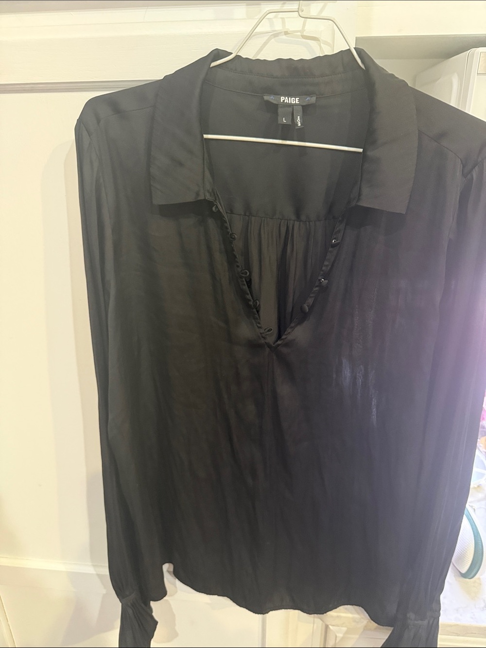 PAIGE Black Silkly Sheer V-Neck Button-Trim Blouse, Large